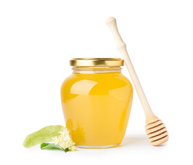 Glass jar with linden honey and dipper on white background