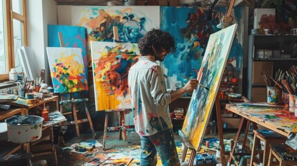 Embracing the Creative Chaos: Artist in a Frenzy Painting on Vibrant Canvas in Messy Studio with Intense Passion and Action
