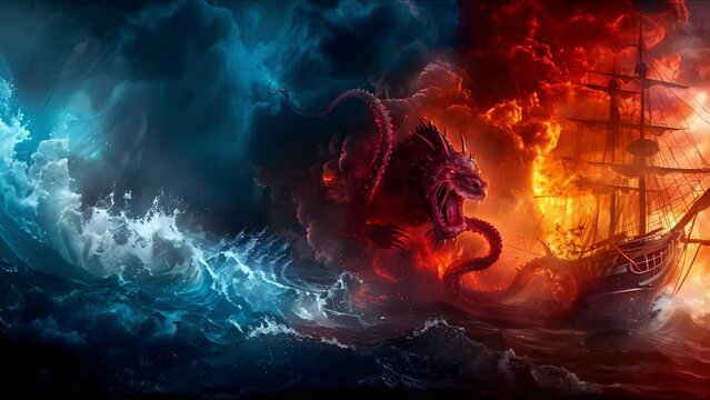 A pirate battles a Kraken as his ship sinks. Concept Adventure, Pirates, Sea Monsters, Battle, Sinking Ship
