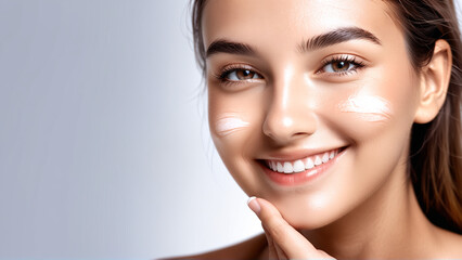 Fototapeta premium Woman smiling while touching her flawless glowy skin with copy space for your advertisement, skincare 