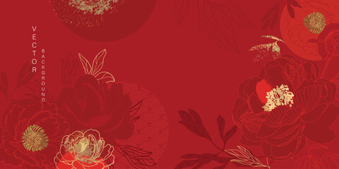 Asian background ,Oriental Chinese and Japanese style abstract pattern background design  with red flower decorate in water color texture