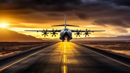 Military cargo aircraft landing for critical and essential strategic transport operations