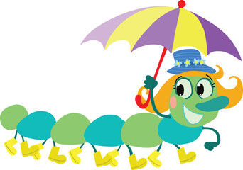 Naklejka premium Children's Caterpillar with yellow boots and a pink umbrella