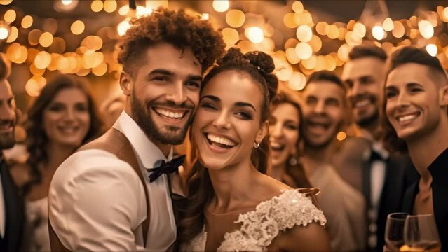 A joyful wedding celebration with a loving samesex couple amidst their guests. Concept Wedding Photography, LGBTQ+ Love, Joyful Celebration, Inclusive Weddings, Wedding Guests