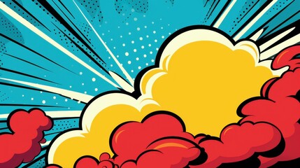 Engaging comic panel with dynamic speech bubble captures action and excitement with vibrant colors and shapes.