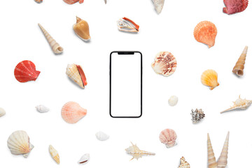 Composition with modern mobile phone and different seashells on white background