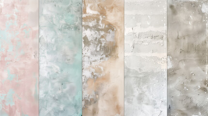 Rustic Textured Wall with Serene Retreat Color Washing Technique. Aged effect. Palette of aqua, lavender, beige, sage, and gray with subtle variations. High-resolution. Soft and layered finish.