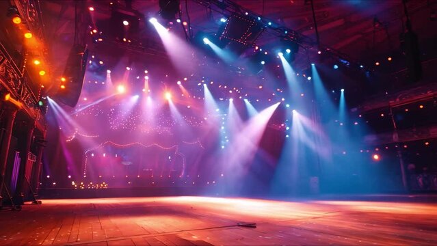 Glowing with vibrant lights: A stunning circus interior dazzles during a spectacular performance. Concept Circus Interior, Spectacular Performance, Vibrant Lights, Glowing Atmosphere, Stunning D&eacute;cor