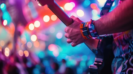 Vibrant Festival Wristband Worn by Musician Playing Guitar on Stage with Blurred Crowd and Lights in Background - Dynamic Concert Scene
