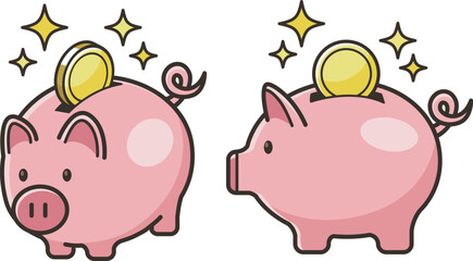かわいい豚の貯金箱と入るコインのイラスト