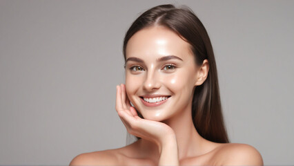 Woman smiling while touching her flawless glowy skin with copy space for your advertisement, skincare
