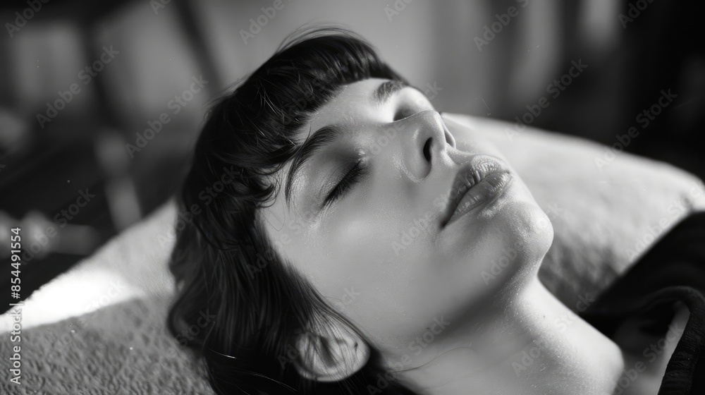 Poster Girl with eyes closed relaxing on massage table