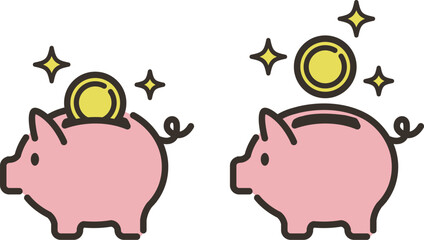 かわいい豚の貯金箱と入るコインのイラスト © ナナメニコ