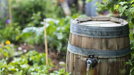 Naklejka premium Rainwater collection barrel near a vegetable patch, close-up, detailed wood and metal, soft-focus greens 