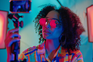 A female influencer records a lively video for social media, showcasing her daily life and latest trends