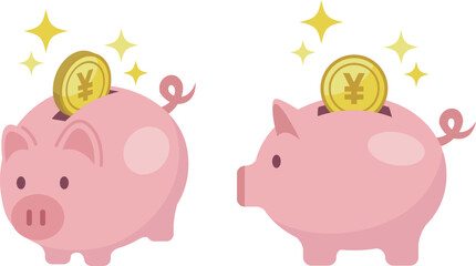 かわいい豚の貯金箱と入る日本円コインのイラスト