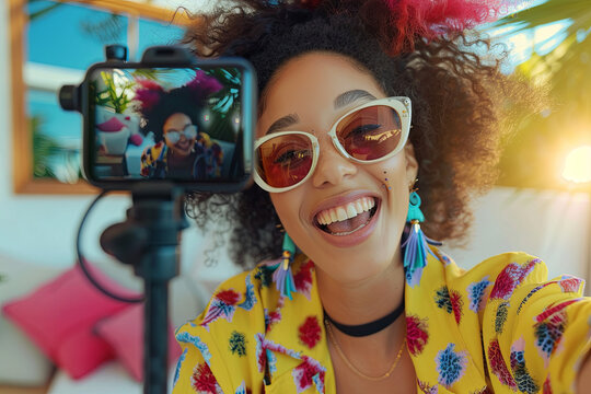 A female influencer records a lively video for social media, showcasing her daily life and latest trends