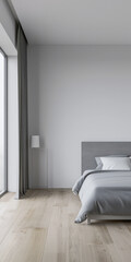 Minimalist master bedroom in light grey tones with minimal furniture, a bed next to a window and ample copy space. Bedroom interiors composition in neutral color.