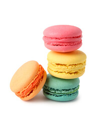 Different tasty sweet macaroons on white background