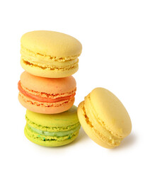 Different tasty sweet macaroons on white background