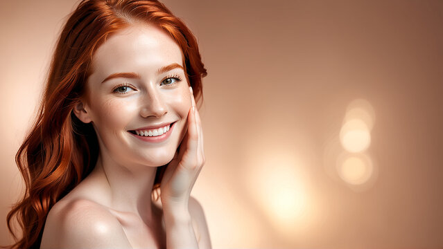 Woman smiling while touching her flawless glowy skin with copy space for your advertisement, skincare
