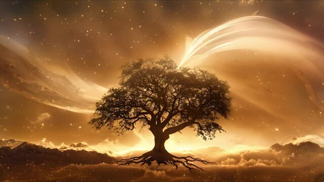 Enigmatic tree connecting with cosmic swirl of stars creating ethereal atmosphere. Concept Nature Photography, Night Sky, Mystical Landscapes, Cosmic Connection, Tree of Life