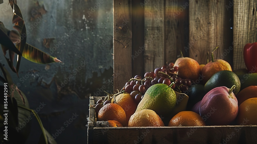 Wall mural Close-up of a rustic wooden crate filled with assorted colorful fruits, detailed textures, soft morning light