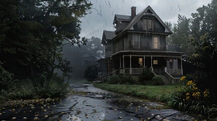 house on a cloudy rainy day