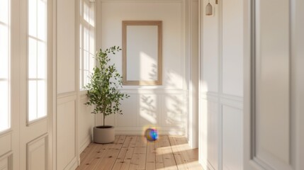 A bright and airy hallway with a potted plant, wood floors and a framed picture in a white room.