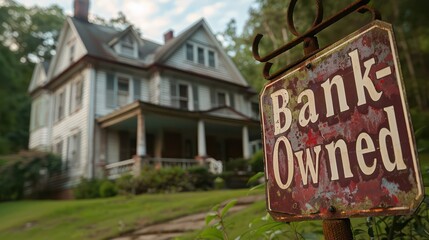 A close-up of a "Bank-Owned" sign in front of a foreclosed property.