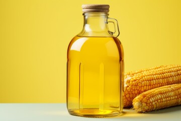 Vintage glass jar filled with corn oil beside fresh corn on the cob on soft yellow background