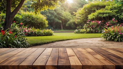 Fototapeta premium Outdoor background Wooden table in 3d png transparent using for product presentation. Abstract backgrounds. Ai generative