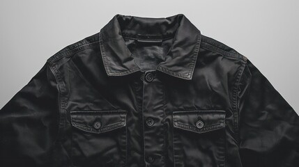 Close-up of a simple black shirt. By emphasizing details on the front contrasting with the white background.