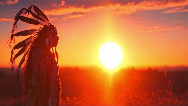 Artistic depiction of a Native American chief against a sunset backdrop. Concept Art, Native American, Sunset Portrait