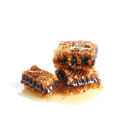 Sweet honeycombs on white background
