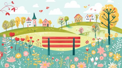 A whimsical illustration of a village landscape featuring houses, trees, and a red bench. The scene is full of vibrant colors and details, creating a cheerful and inviting atmosphere.