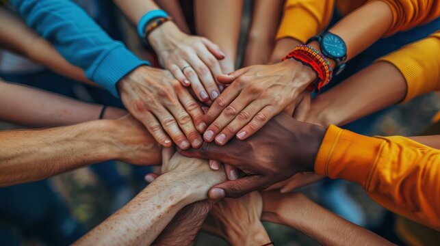 A close-up of friends' hands stacked together in a show of unity and support.