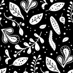 Seamless neo folk art vector pattern with flowers, black and white floral design. Neo folk style endless background perfect for textile design.