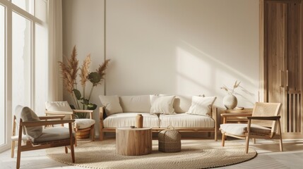 A modern living room featuring a white sofa, wooden chairs, a natural fiber rug, and dried plants. The room is bathed in warm sunlight, creating a cozy and inviting atmosphere.