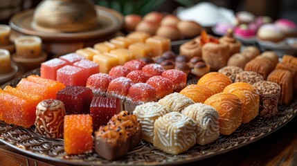 A close-up of traditional Eid Al-Adha sweets and treats arranged on a decorative plate.