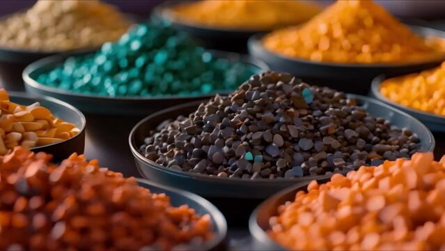 Promoting Separate Waste Collection Creatively with Colorful Plastic Pellets for Recycling Reuse and Manufacturing. Concept Recycling Awareness, Plastic Waste Management, Creative Upcycling
