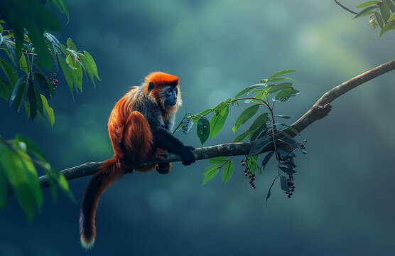 The red-bellied tony monkey is sitting on the branch of a tree in a forest, in a full body shot photography with a soft blue green background, in the style of National Geographic photo, with super res