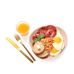 Plate with tasty English breakfast and glass of juice on white background