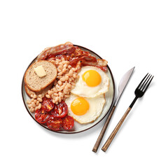 Plate of tasty English breakfast with fried eggs on white background