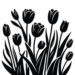Set of decorative flowers with leaves black silhouette isolated on a white background