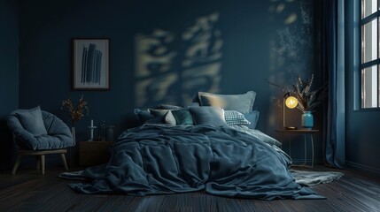A bedroom with a large blue bed with pillows, a comfy armchair, and a bedside lamp next to a window.