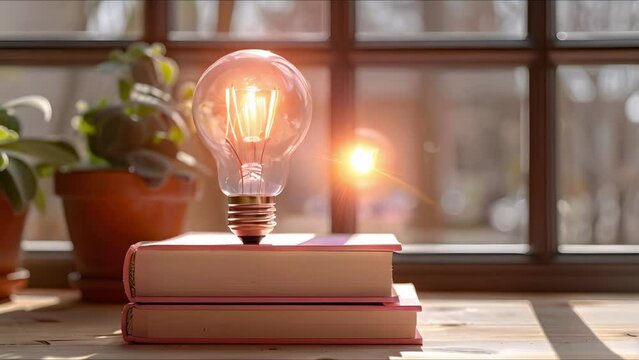 Minimalistic design with pink book stack and glowing light bulb mockup. Concept Minimalistic Design, Pink Book Stack, Glowing Light Bulb Mockup