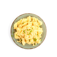 Plate of tasty scrambled eggs on white background
