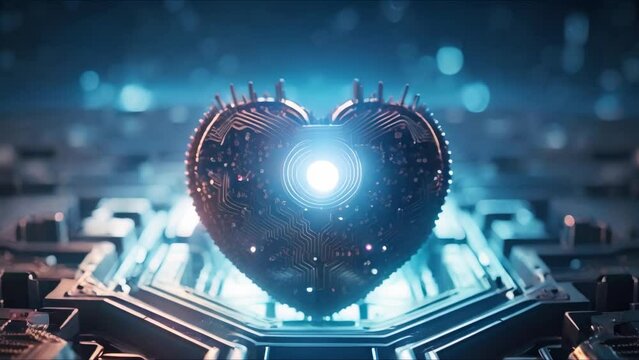 Digital artwork featuring a blue heartshaped central processing unit symbolizing love. Concept Digital Art, Blue Heart, Central Processing Unit, Symbol of Love, Technology and Emotion