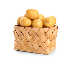 Wicker bowl with fresh raw potatoes on white background